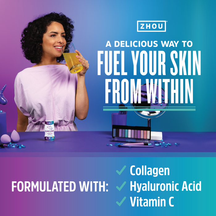 Zhou Glowfluence Water Enhancer | Liquid Collagen | Hyaluronic Acid and Vitamin C Supplement for Skin Health | 10 Servings, 1.69 fl oz