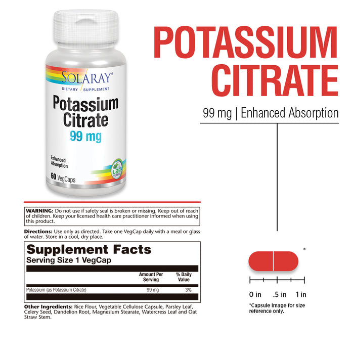 Solaray Potassium Citrate, Healthy Electrolyte Balance, Nerve & Muscle Function Support,  Vegan, 60 VegCaps