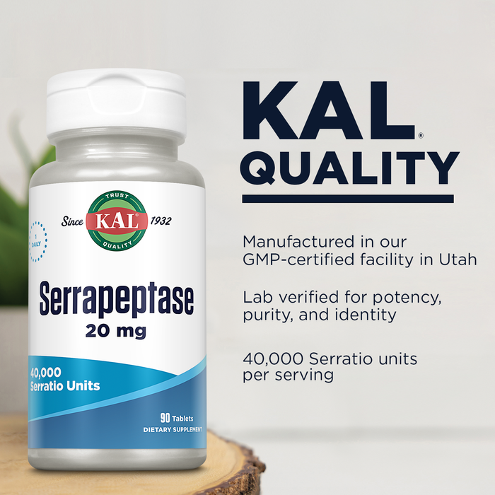 KAL Serrapeptase 20 mg - Proteolytic Digestive Enzymes for Digestive Health Support - 40,000 Serratio Units - Enteric Coated -60-Day Guarantee - 90 Servings, 90 Tablets