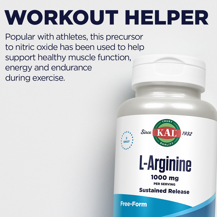 KAL L Arginine 1000mg - Pre Workout Nitric Oxide Supplement - Traditionally Used for Energy, Endurance, Circulation and Heart Health Support - Sustained Release, 60-Day Guarantee, 60 Serv, 120 Tablets