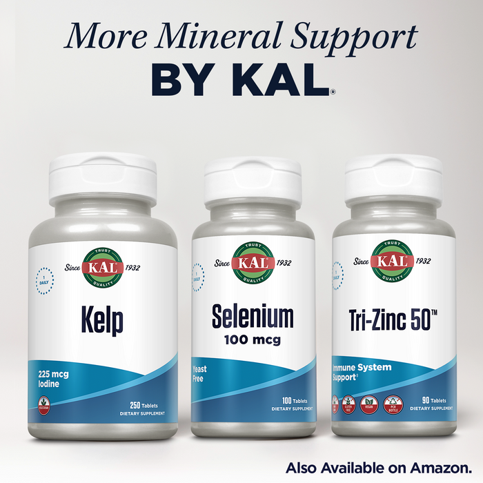 KAL Kelp Supplement Yielding 225mcg Iodine for Thyroid Support, Energy and Metabolism Support, High in Iron and Potassium, Vegetarian, Rapid Dissolve ActivTabs, 60-Day Guarantee, 250 Serv, 250 Tablets