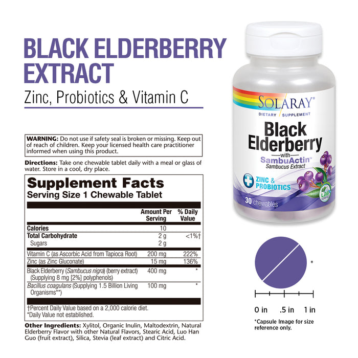 Solaray Black Elderberry Extract with Zinc, Probiotics & Vitamin C | Healthy Immune System Support | 30 Chewable Tablets