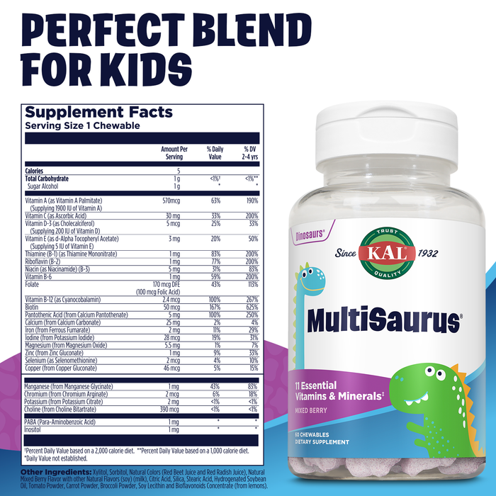 KAL MultiSaurus Kids Chewable Multivitamins, 11 Essential Vitamins and Minerals for Kids, Mixed Berry Flavor, Gluten and Preservative Free, 60 Servings, 60 Dinosaur-Shaped Chewables