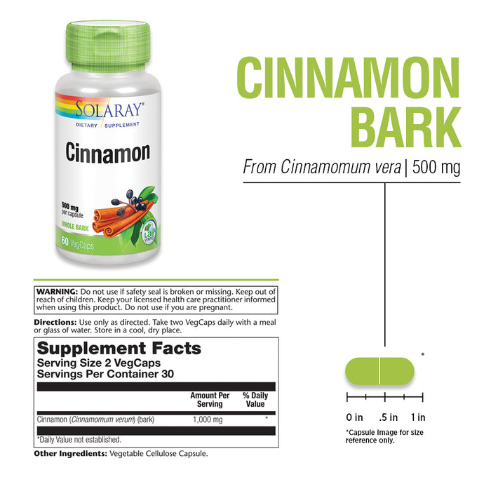 Solaray Cinnamon Bark 1000 mg | Healthy Digestive Function | Antioxidant | 60 VegCaps