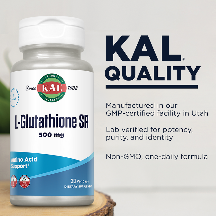 KAL L-Glutathione SR, Reduced Glutathione Supplement, High Absorption Antioxidant Supplement, , Lab Verified, 30 Servings, 30 VegCaps