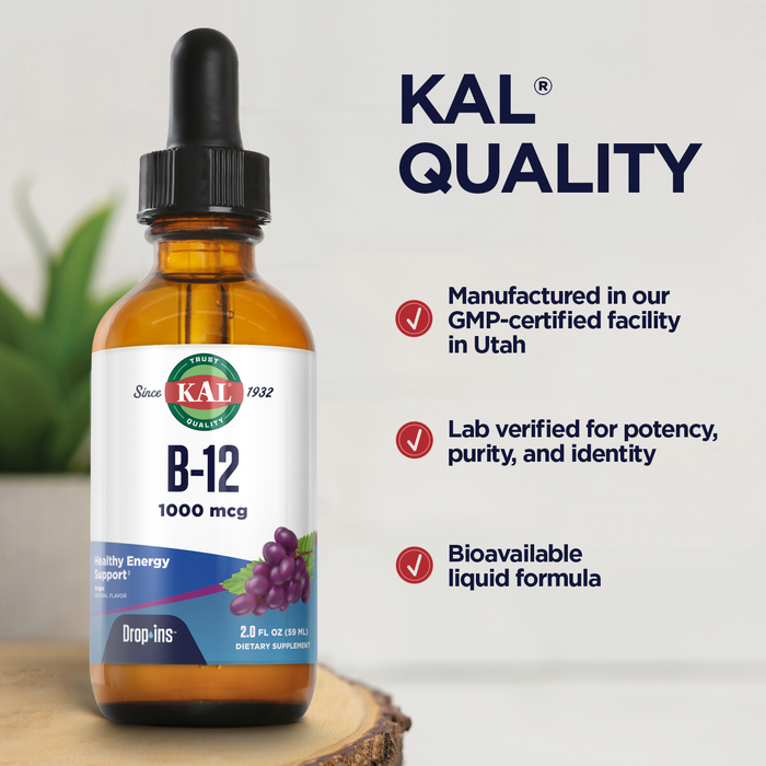 KAL B12 1000 mcg DropIns, High Absorption Liquid B12 Vitamin, Healthy Energy Supplements for Metabolism, Heart Health, Nerve, Red Blood Cell Support, Natural Grape Flavor B12 Drops, 196 Servings, 2oz