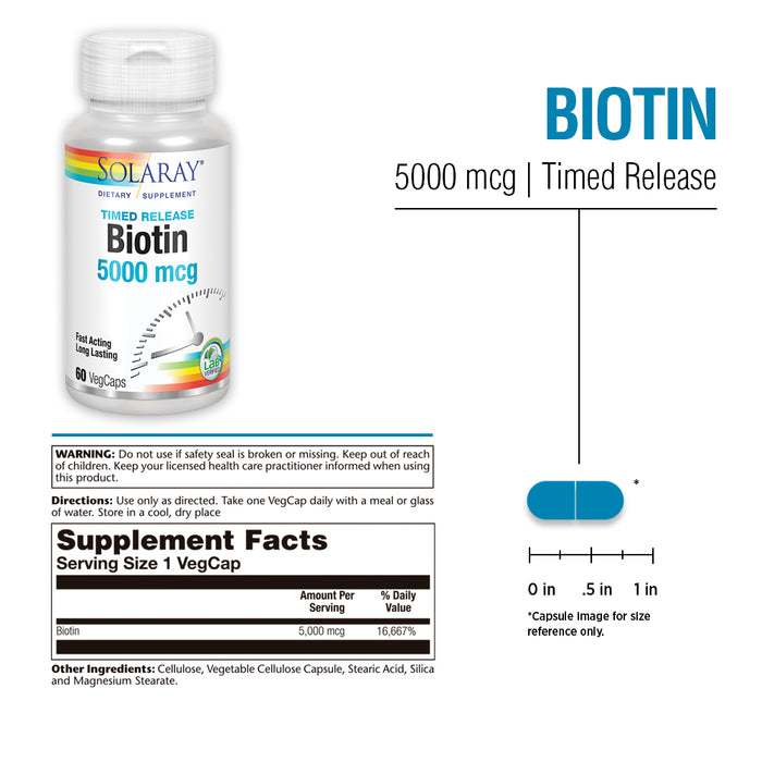 Solaray Biotin 5000 mcg | Timed Release | Fast-Acting, Long-Lasting Healthy Hair, Skin & Nails Support | 60 VegCaps