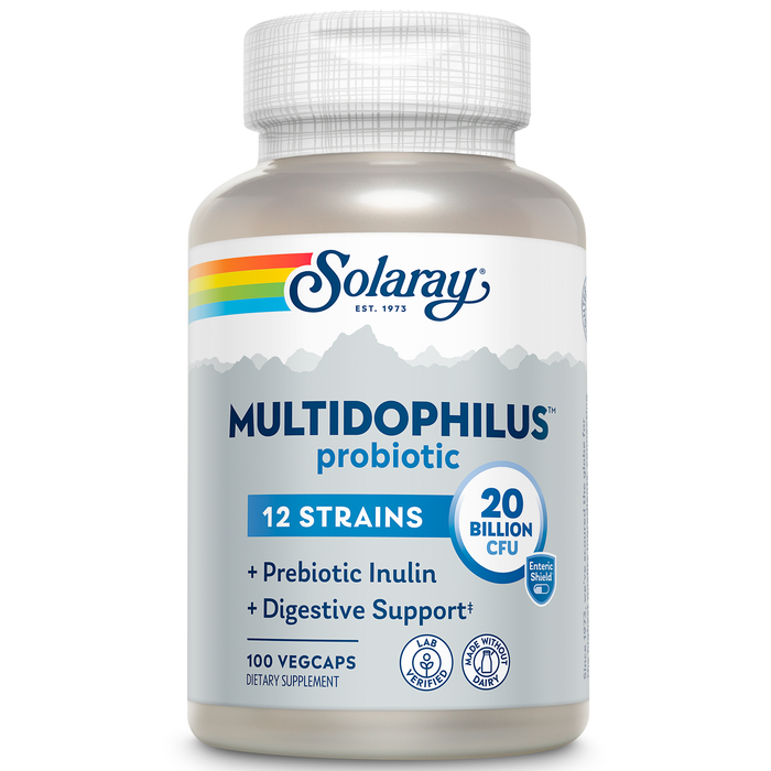 SOLARAY Multidophilus 12 Strain Probiotic 20 Billion CFU, Probiotics for Digestive Health and Gut Health Support, Prebiotic Inulin, No Dairy, 50 Serv, 100 VegCaps