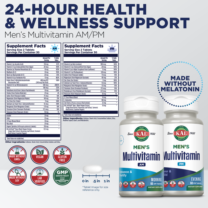KAL Men's Multivitamin AM/PM, Antioxidants Supplement, Muscle, Immune, Electrolyte Balance, Overall Wellness Support, Made Without GMOs and Soy, Vegan, 30 Servings, 120 Tablets
