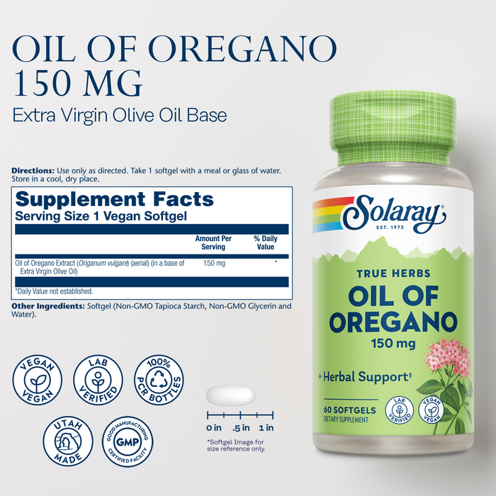 Solaray Oil of Oregano Softgels 150 mg - Oregano Oil Supplement for Powerful Wellness Support - Gentle Digestion - Extra Virgin Olive Oil Base - Vegan, 60-Day Guarantee - 60 Servings, 60 Softgels