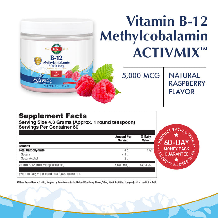 KAL B-12 Methylcobalamin ActivMix 5000 mcg | Natural Raspberry Flavor | Healthy Metabolism, Energy, Nerve & Red Blood Cell Support | 60 Servings