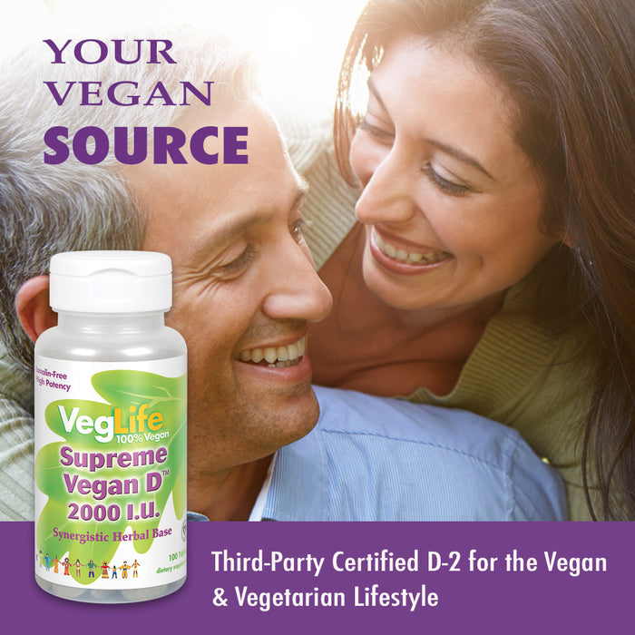 VegLife Supreme Vegan D 2000IU | Vitamin D-2 For Bone & Heart Health | High Potency, No Lanolin | 100 Vegan Tablets