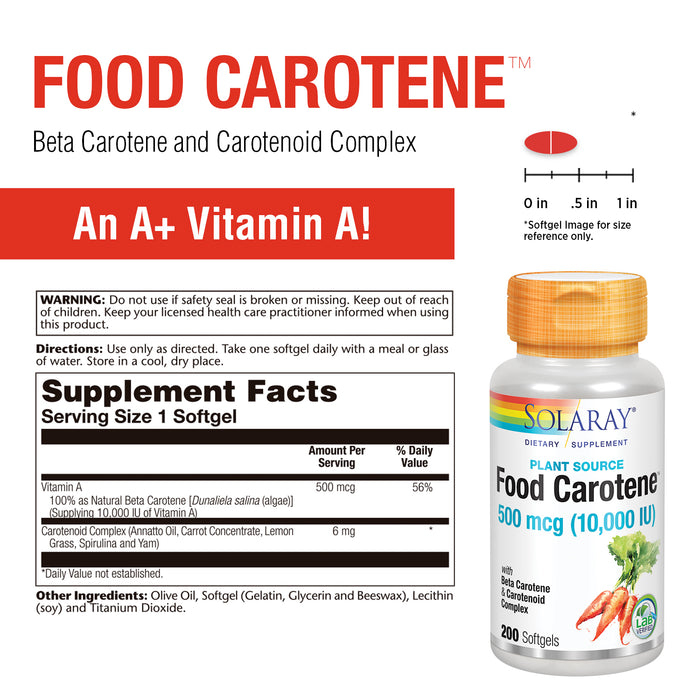 Solaray Food Carotene, Vitamin A 10000 IU | Healthy Skin, Eyes, Antioxidant & Immune Support (200 CT)