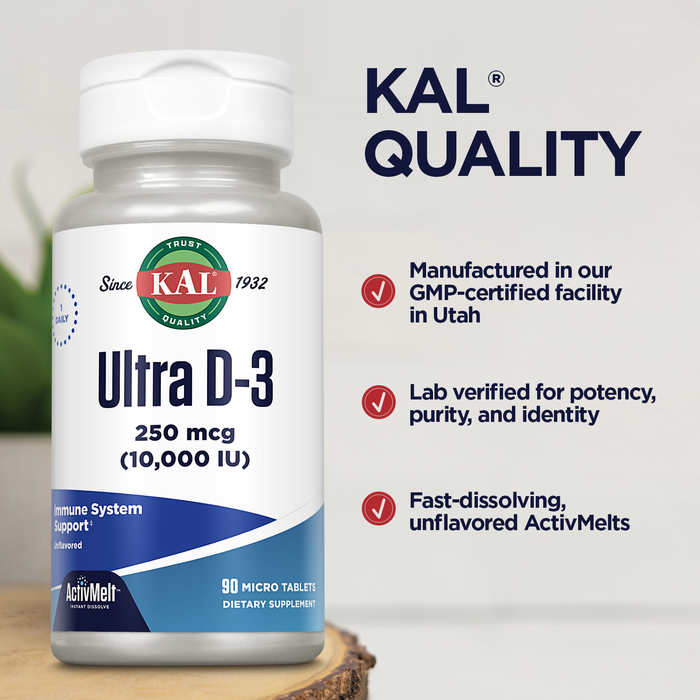 KAL Ultra Vitamin D3 250 mcg (10000 IU), High Potency Vitamin D, Calcium Absorption, Bone Health and Immune Support Supplement, Instant Dissolve, Unflavored ActivMelt, 90 Servings, 90 Micro Tablets