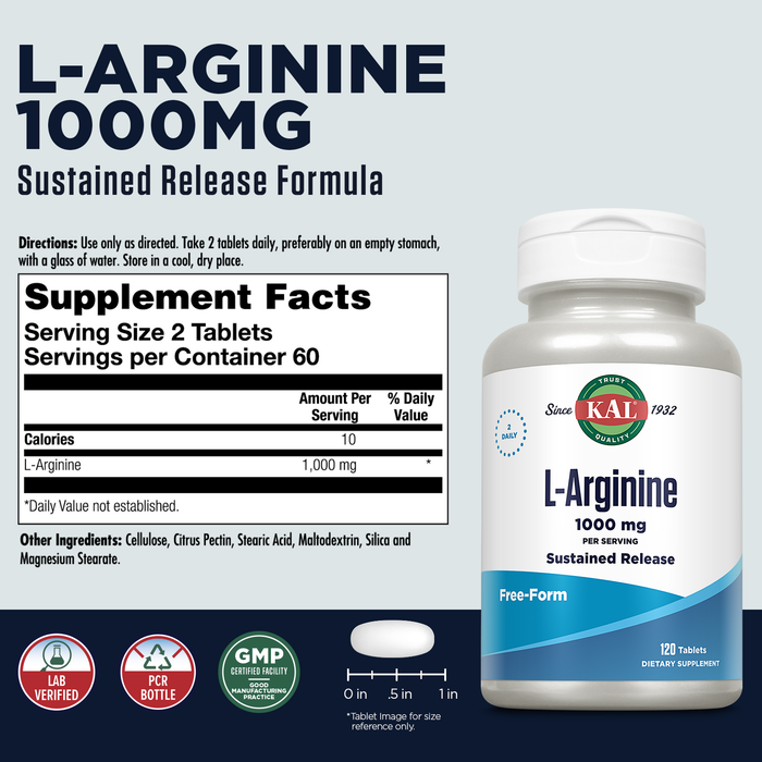 KAL L Arginine 1000mg - Pre Workout Nitric Oxide Supplement - Traditionally Used for Energy, Endurance, Circulation and Heart Health Support - Sustained Release, 60-Day Guarantee, 60 Serv, 120 Tablets