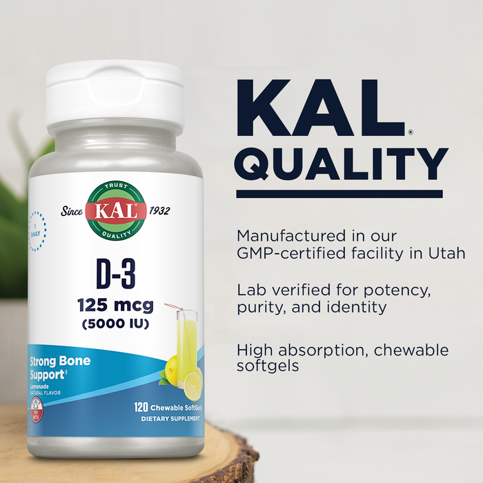 KAL Vitamin D3 5000 IU Chewable Softgels (125 mcg), Active Form Vitamin D, Calcium Absorption, Bone Health, Immune Support Supplement, Natural Lemonade Flavor, 60-Day Guarantee, 120 Serv, 120 Chews