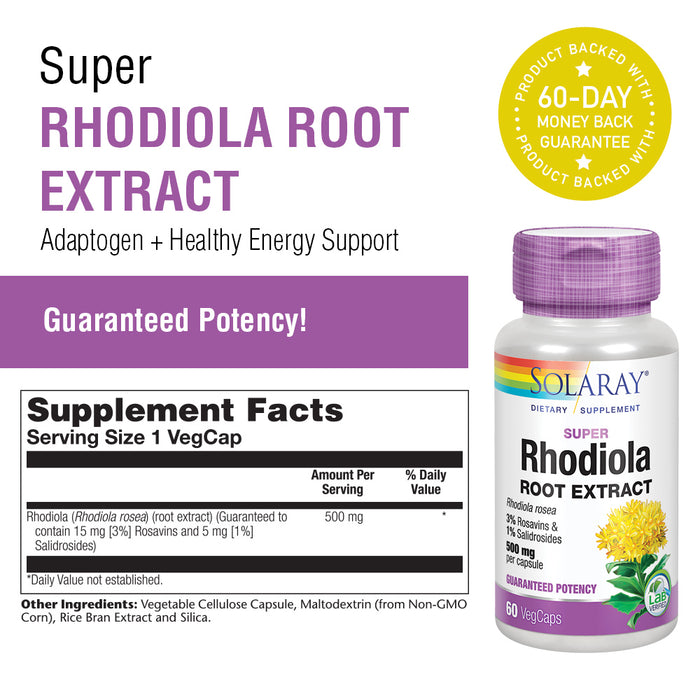 Solaray Super Rhodiola Root Extract 500mg | Herbal Adaptogen for Healthy Stress & Energy Support | Guaranteed Potency | Non-GMO & Vegan | 60 VegCaps