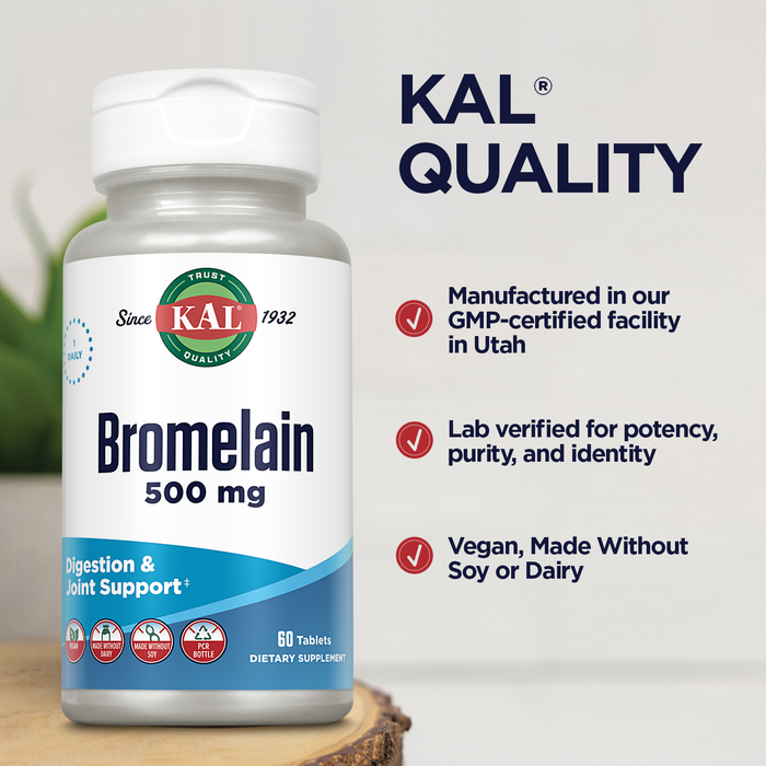 KAL Bromelain 500 mg, Digestion and Joint Support Supplement, Digestive Enzymes, Pineapple Extract, Rapid Disintegration, Vegan, Made Without Dairy or Soy, Lab Verified, 60 Servings, 60 Tablets