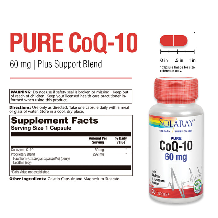 Solaray Pure CoQ-10 60 mg | Healthy Heart Function & Cellular Energy Support | Enhanced with Herb Blend | 30 Capsules