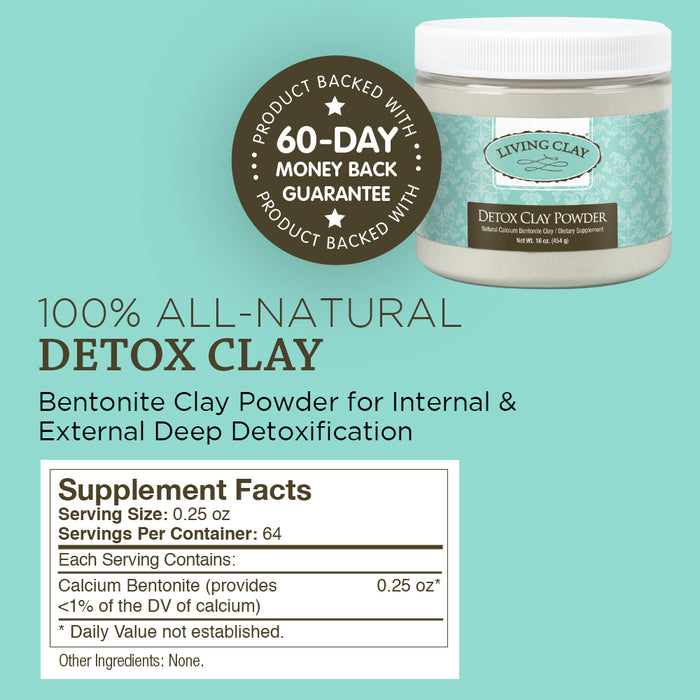 Living Clay Detox Clay Powder | All-Natural Bentonite Calcium Clay for Internal & External Deep Cleansing | Perfect for Mask, Bath or Wrap (16 oz)
