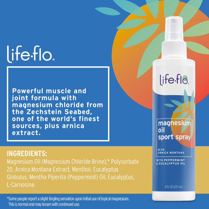 Life-flo Magnesium Oil Sport Spray, with Magnesium Chloride from the Zechstein Seabed Plus Arnica, Calms and Refreshes Muscles and Joints After Exercise, 60-Day Guarantee, Not Tested on Animals, 8oz