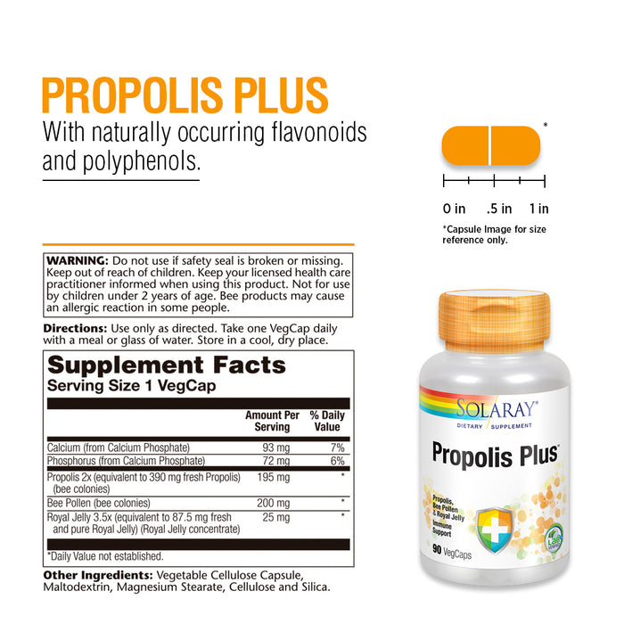 Solaray Propolis Plus | Healthy Immune System Support with Propolis, Bee Pollen & Royal Jelly | 90 VegCaps