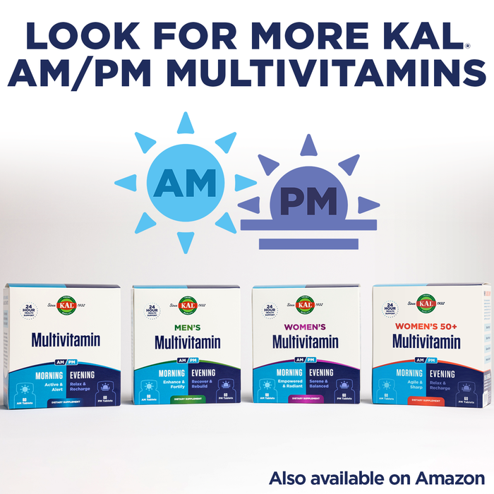 KAL Women's Multivitamin AM/PM, 2-in-1 Multivitamins for Women with Ashwagandha, Silica, Organic Spirulina, and GABA for Cellular Energy, Bone Strength, Immune Support, Vegan, 30 Servings, 120 Tablets