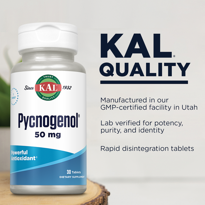 KAL Pycnogenol French Maritime Pine Bark Extract 50 mg, Super Antioxidants Supplements, Skin Health, Circulation and Heart Health Support, Rapid Disintegration, 60-Day Guarantee, 30 Serv, 30 Tablets