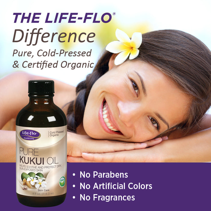 Life-Flo Pure Organic Kukui Oil | Gentle Face, Body & Hair Moisturizer | Soothes & Protects Dry, Sun-Exposed Skin & Damaged Hair | Cold-Pressed | 4oz
