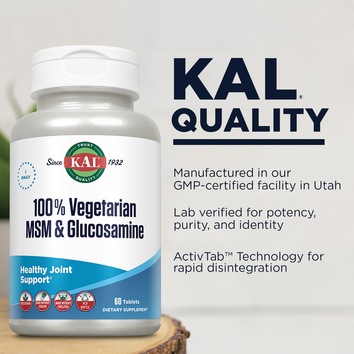 KAL 100% Vegetarian MSM & Glucosamine - Healthy Joint Support - Vegan Glucosamine and MSM Supplement - Made Without Shellfish - Lab Verified - 60-Day Guarantee - 60 Servings, 60 Tablets