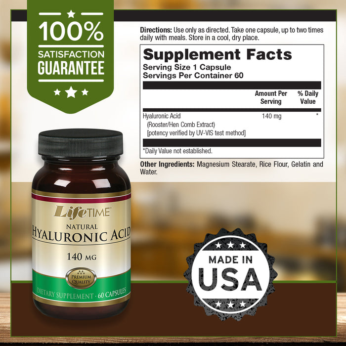 Lifetime Natural Hyaluronic Acid | Supports Healthy Skin & Joints | Skin Hydration, Joint Lubrication| Made in our own facility | 140mg | 60 Capsules