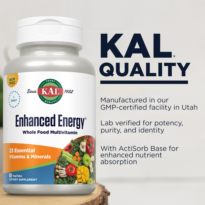 KAL Enhanced Energy Supplements, Once Daily Whole Food Multivitamin for Women and Men, Iron Free, 23 Essential Vitamins, Minerals, Super Foods, Digestive Enzymes, 60-Day Guarantee, 60 Serv, 60 VegTabs