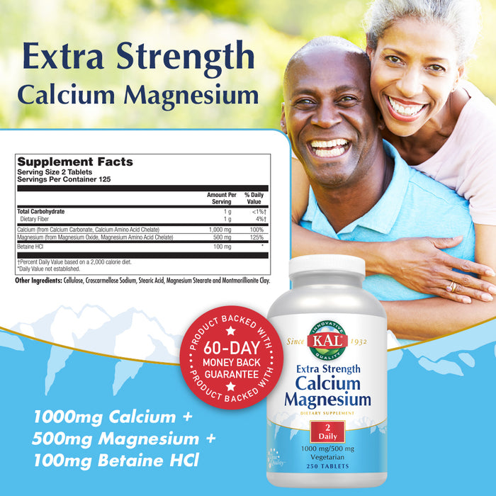 KAL Extra Strength Calcium Magnesium | 1000mg/500mg | Healthy Bones, Teeth, Nerve & Muscle Support | Rapid Disintegration | Vegetarian | 250 Tablets