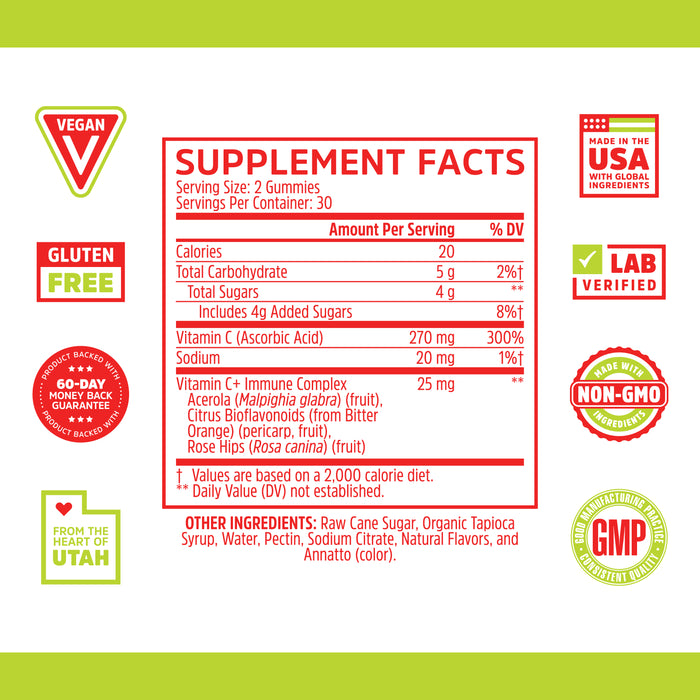 Zhou Nutrition Vitamin C+ Immune Support Gummies Max Strength with Rose Hips & Bioflavonoids, Non-GMO, Vegan, Gluten Free, Orange Blast Flavor, 60 Count