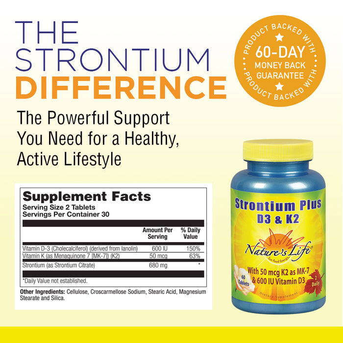 Nature's Life Strontium Plus Vitamins D3 & K2 | Bioavailable Formula May Help Support Healthy Bone Density & Joint Health | 60 Tablets
