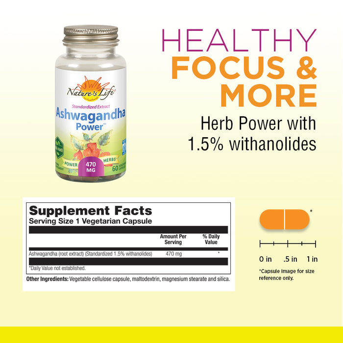 Nature's Life Ashwagandha Power 470mg Herbal Supplement | Standardized Root Extract | Energy, Brain Function & Stress Support | Non-GMO | 60 Veg Caps