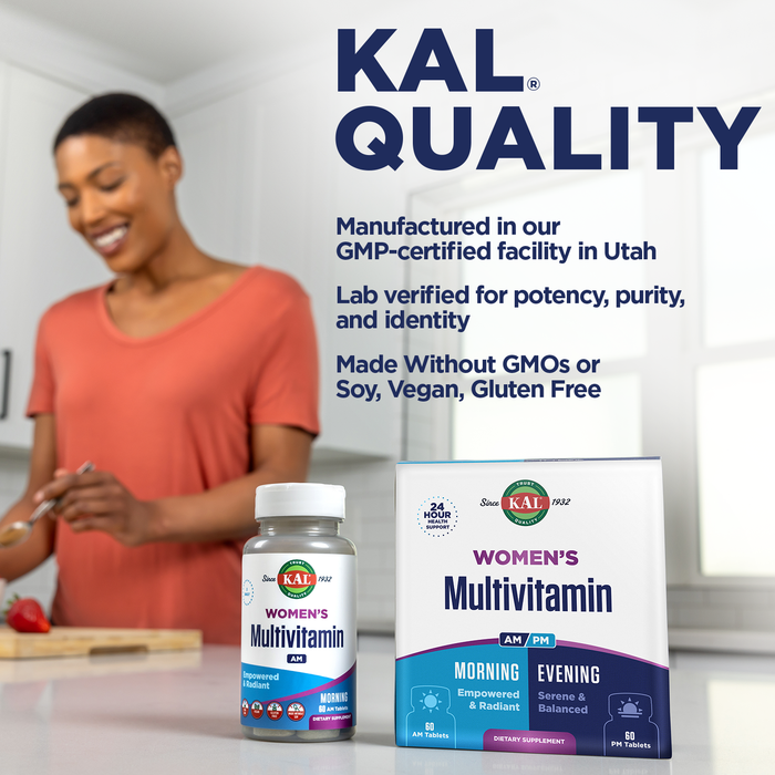 KAL Women's Multivitamin AM/PM, 2-in-1 Multivitamins for Women with Ashwagandha, Silica, Organic Spirulina, and GABA for Cellular Energy, Bone Strength, Immune Support, Vegan, 30 Servings, 120 Tablets