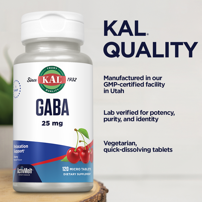 KAL GABA Supplement, Relaxation Support and Stress Relief, Natural Cherry Flavor ActivMelt Instant Dissolve, 120 Servings, 120 Tablets