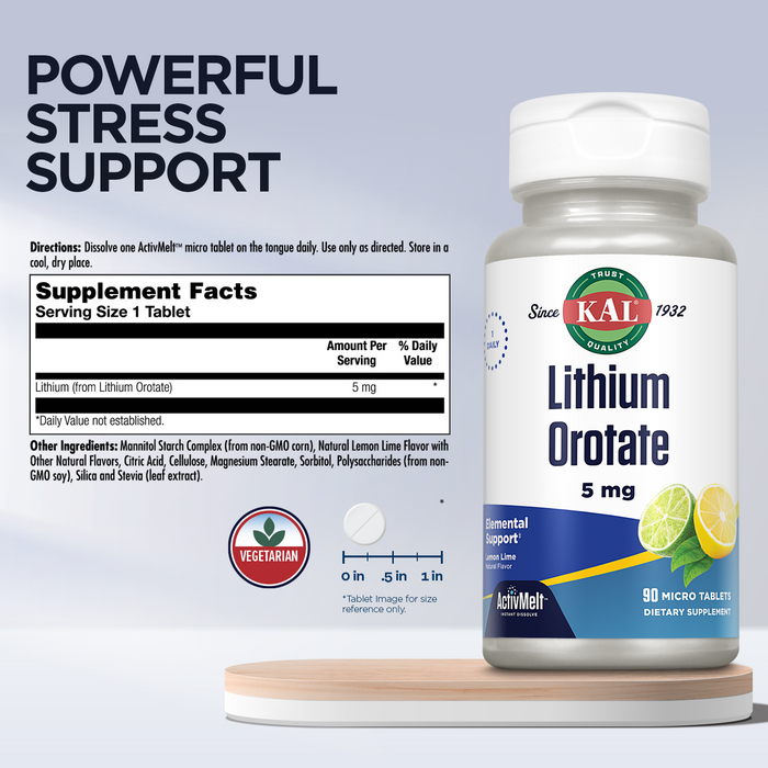 KAL Lithium Orotate ActivMelt 5mg | Low Serving Of Chelated Lithium Orotate For Bioavailability & Balanced Mood Support | Lemon Lime | 90 Lozenges