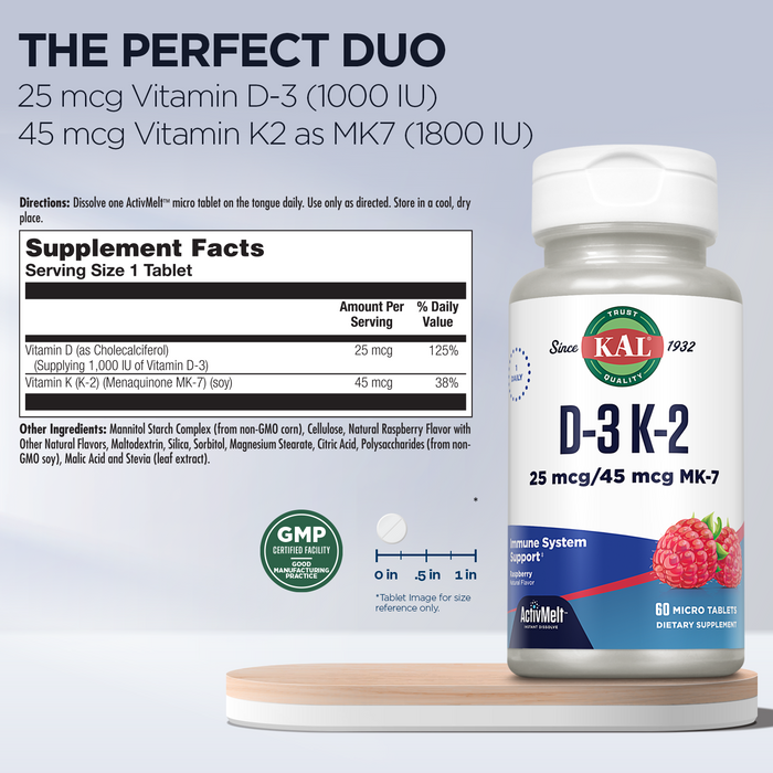 KAL Vitamin D3 K2 ActivMelt, Bone Health, Heart and Immune Support Supplement w/ D3 1000 IU and MK7 Vitamin K2, Instant Dissolve Tabs, Natural Raspberry Flavor, 60 Servings, 60 Micro Tablets