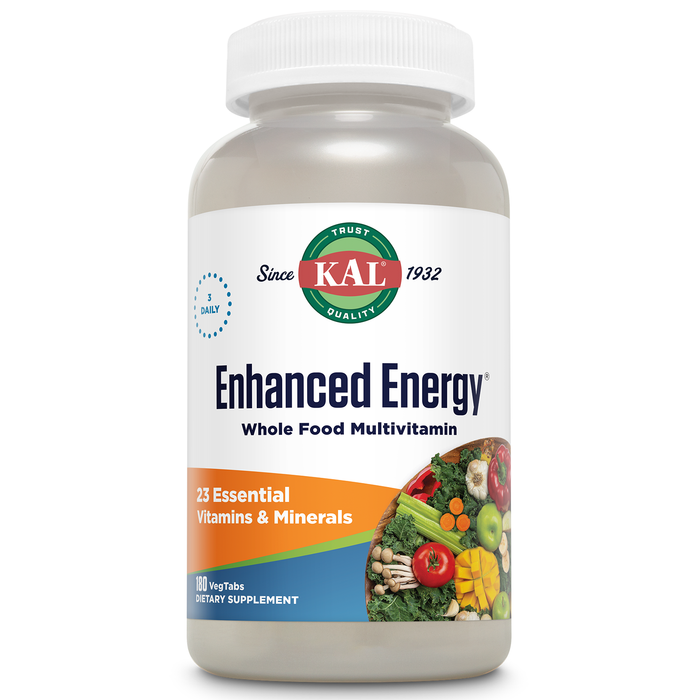 KAL Enhanced Energy Supplements, Whole Food Multivitamin with Iron for Women and Men, 23 Essential Vitamins and Minerals, Super Foods, Digestive Enzymes, 60 Servings, 180 VegTabs