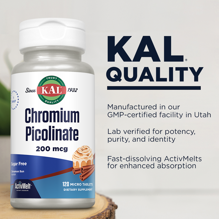 KAL Chromium Picolinate 200mcg Supplement, Metabolism Support, Fast Dissolving ActivMelts for Enhanced Absorption, Vegetarian, Sugar Free, Cinnamon Bun Flavor, 120 Servings, 120 Micro Tablets