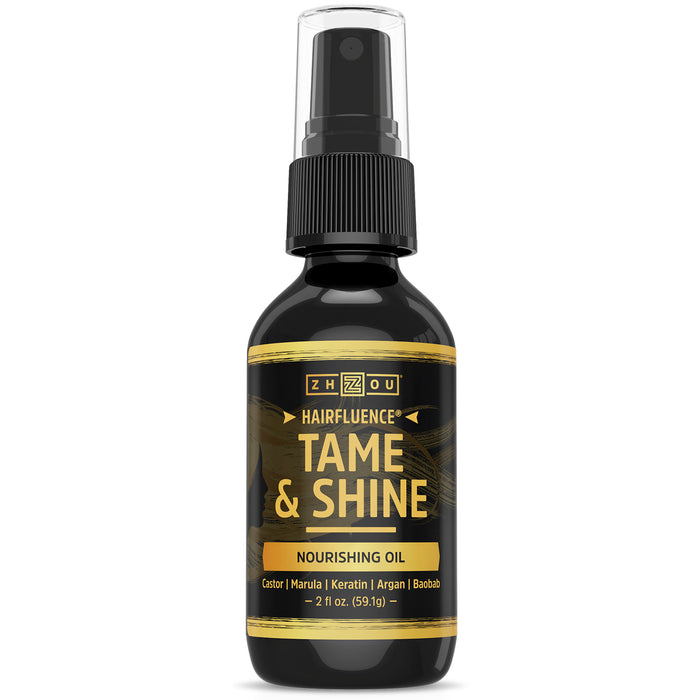 Zhou Hairfluence Tame & Shine Hair Oil for Frizz-Free Healthy Shine | Scientifically Formulated Hair Oil Serum & Detangler with Keratin, Biotin, Argan, Baobab, Marula, Castor Oils | 2 oz