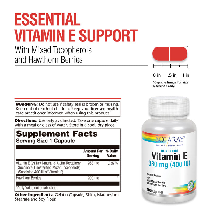 Solaray Dry Vitamin E with Hawthorn Berries 330mg (400IU)   | Heart & Skin Health, Antioxidant Support, 100ct