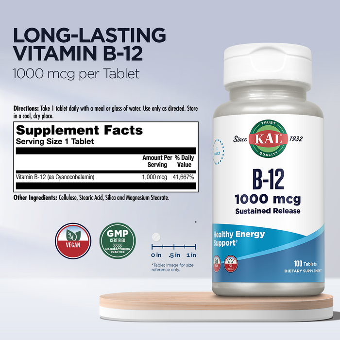 KAL Vitamin B12 1000mcg, Sustained Release Supplement for Healthy Energy, Metabolism, Heart Health, Nerve and Red Blood Cell Support, Long-Lasting Formula, Vegan, 100 Servings, 100 Tablets