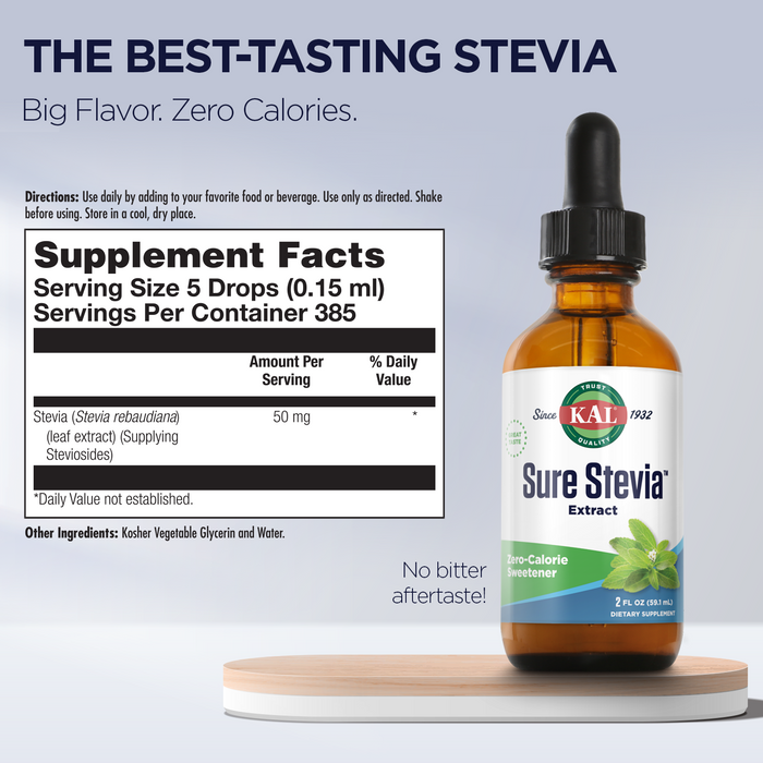 KAL Sure Stevia Drops,  Low Carb, Zero Calorie Sweetener, Keto Friendly, Great Tasting Liquid Stevia, Low Glycemic, 60-Day Money Back Guarantee (Unflavored)