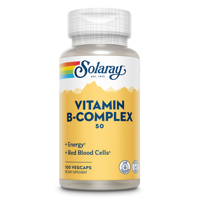 Solaray Vitamin B Complex 50mg - Healthy Energy Supplement - Red Blood Cell Formation, Nerve and Immune Support - Super B Complex Vitamins w/ Folic Acid, Vitamin B12, B6 and More, Vegan, 100 VegCaps