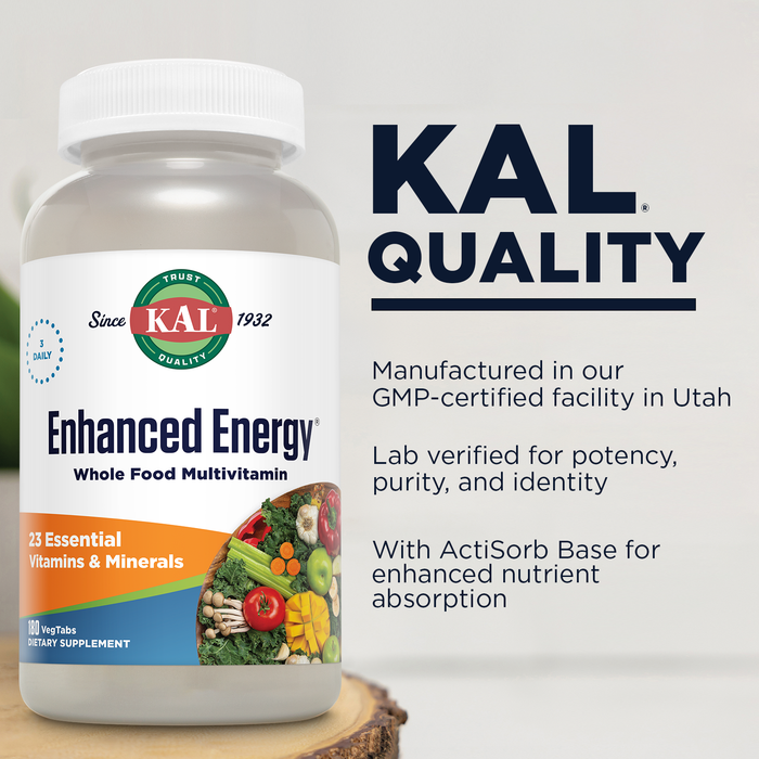 KAL Enhanced Energy Supplements, Whole Food Multivitamin with Iron for Women and Men, 23 Essential Vitamins and Minerals, Super Foods, Digestive Enzymes, 60 Servings, 180 VegTabs