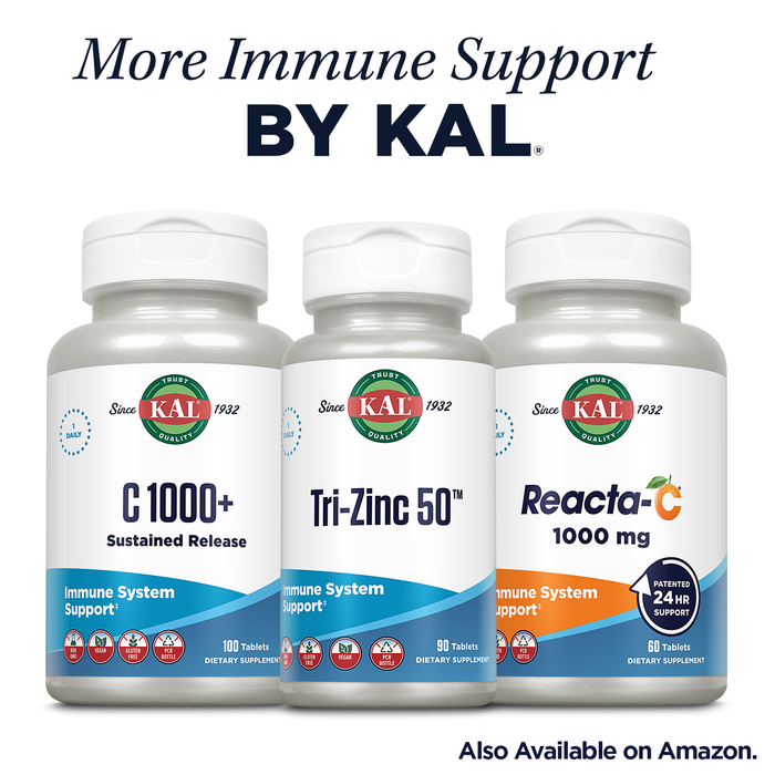 KAL Quercetin Reacta-C Bromelain Immune Support Supplement, 24 Hour Immune Defense with Bioflavonoids, Vitamin C 1000mg and Quercetin 500mg, Vegan, Gluten Free, 60-Day Guarantee, 30 Serv, 60 Tablets