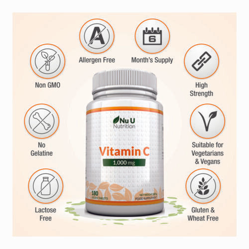 Vitamin C 1000mg 180 Tablets (6 Month's Supply) Ascorbic Acid by Nu U Nutrition